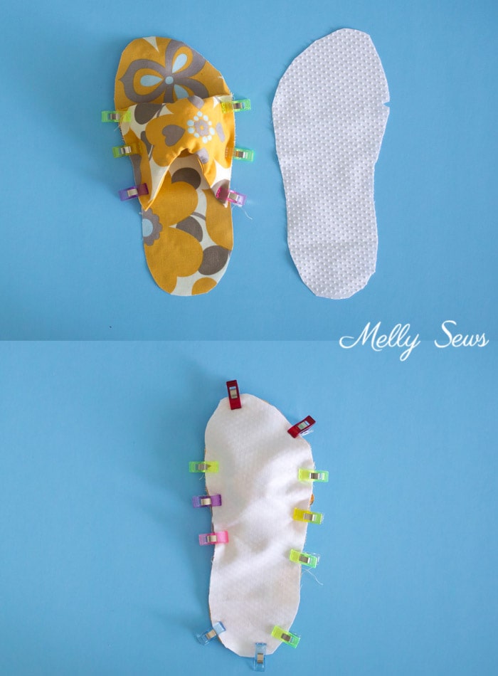 Step 3 - pieces of house slippers clipped together with wonder clips to sew