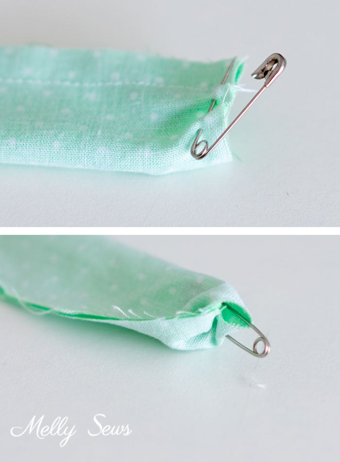 Use a safety pin to turn a tube - 3 Ways to Turn a Tube Right Side Out - How to Turn Fabric - Melly Sews