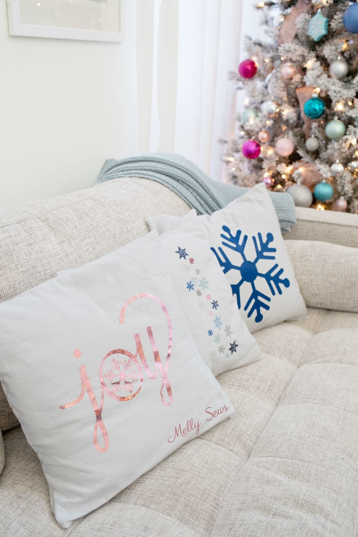 DIY Christmas word and graphic pillows - Joy pillow, embroidered snowflake pillow and graphic snowflake pillow
