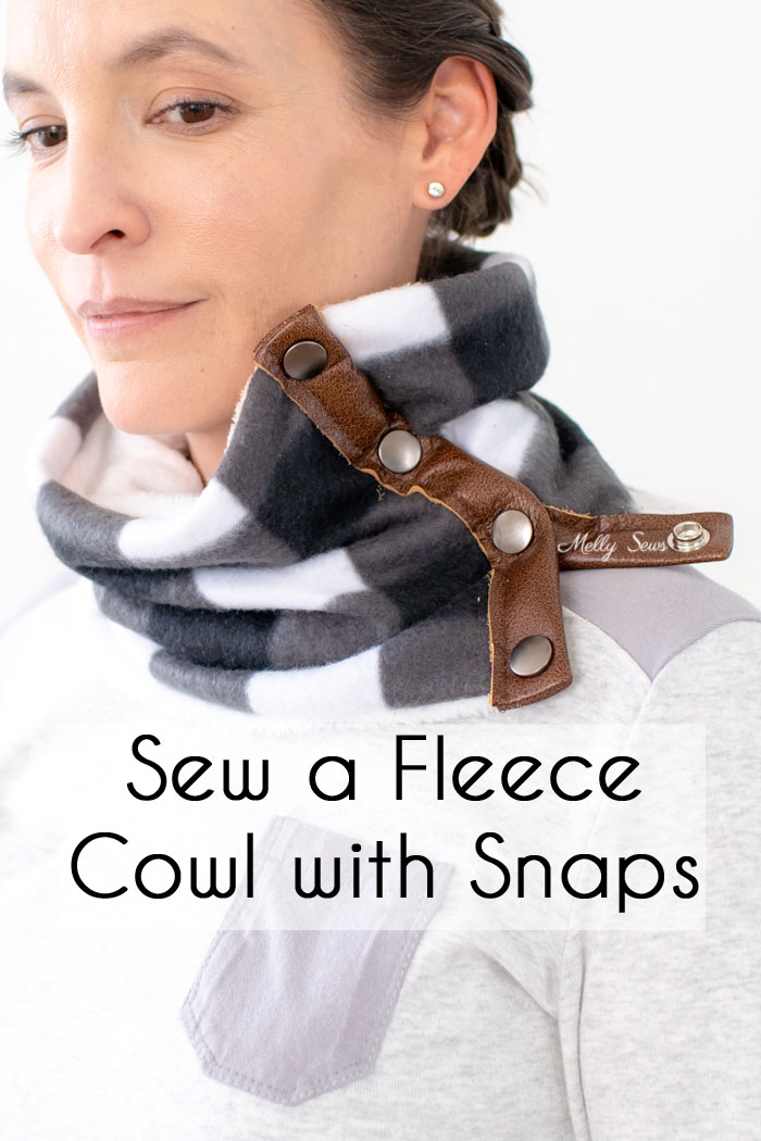 Buffalo Plaid fleece cowl with leather trim and snaps - perfect DIY gift to sew for men, women or kids