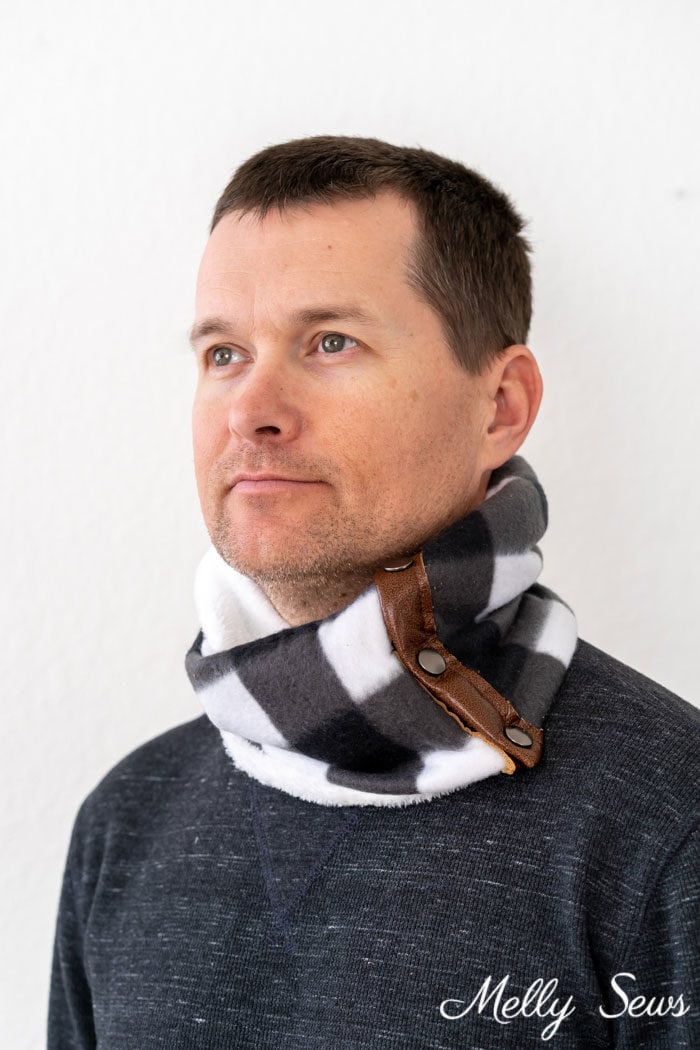 Man wearing a cowl neckwarmer sewing project example of gifts to sew for men