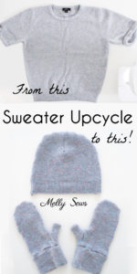 Thrift flip upcycle project - DIY beanie hat and mittens sewn from an old sweater