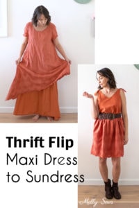 Thrift flip from long maxi dress to sundress with knotted shoulder ties