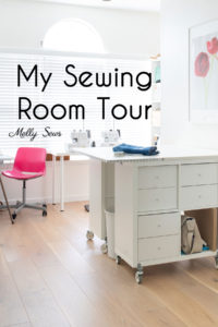 DIY Sewing cutting table on casters in a tour of one professional's creative sewing room