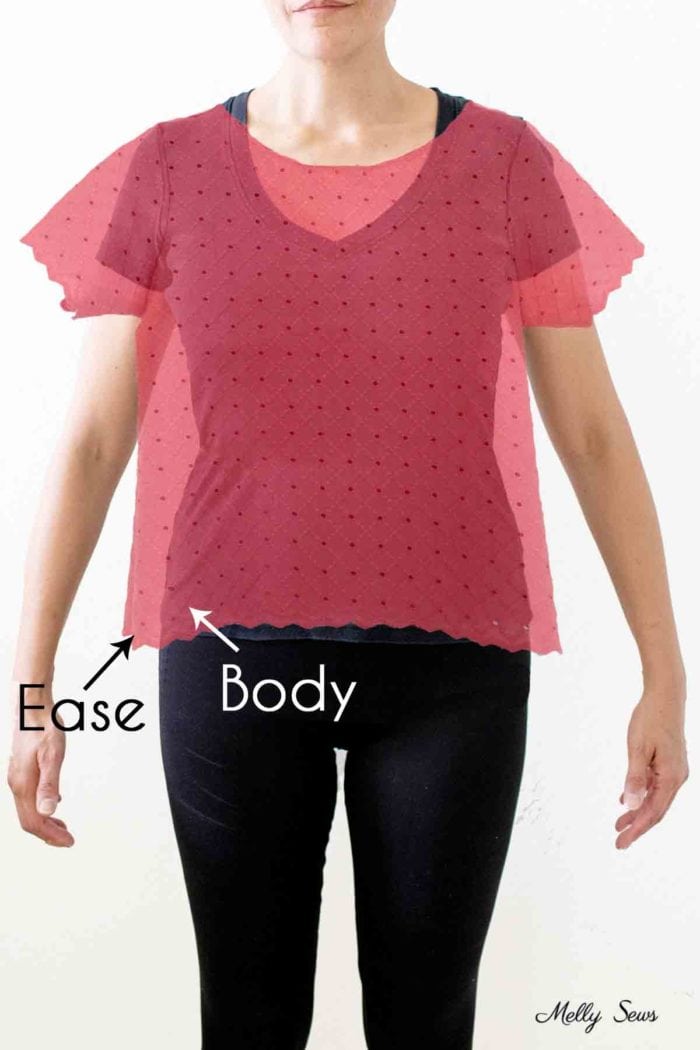Body measurements vs pattern ease when sewing - illustrated by a body in fitted black clothing with a semi transparent overlay of a shirt