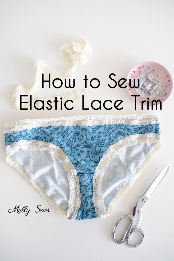 How to sew elastic lace trim - blue pair of panties finished with ivory stretch lace