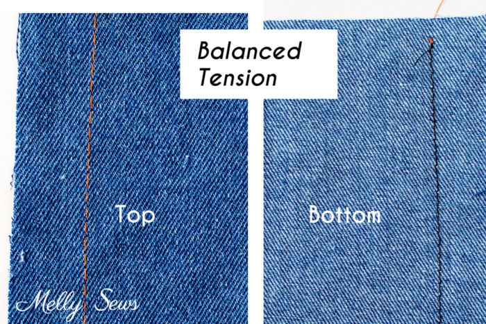 Right side and wrong side of a line of stitching on denim to show balanced and correct sewing machine tension