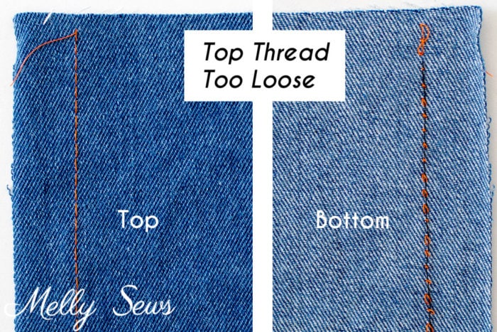Right side and wrong side of a piece of denim fabric showing incorrect stitching due to not enough tension on the top thread