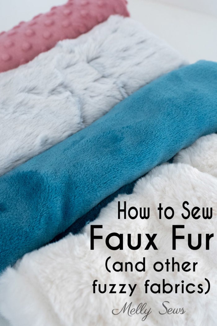 How to Sew Faux Fur and Other Fuzzy Fabrics - Pink Minky, Gray Fake Fur, Teal Plush Fleece and White Furry Fabric