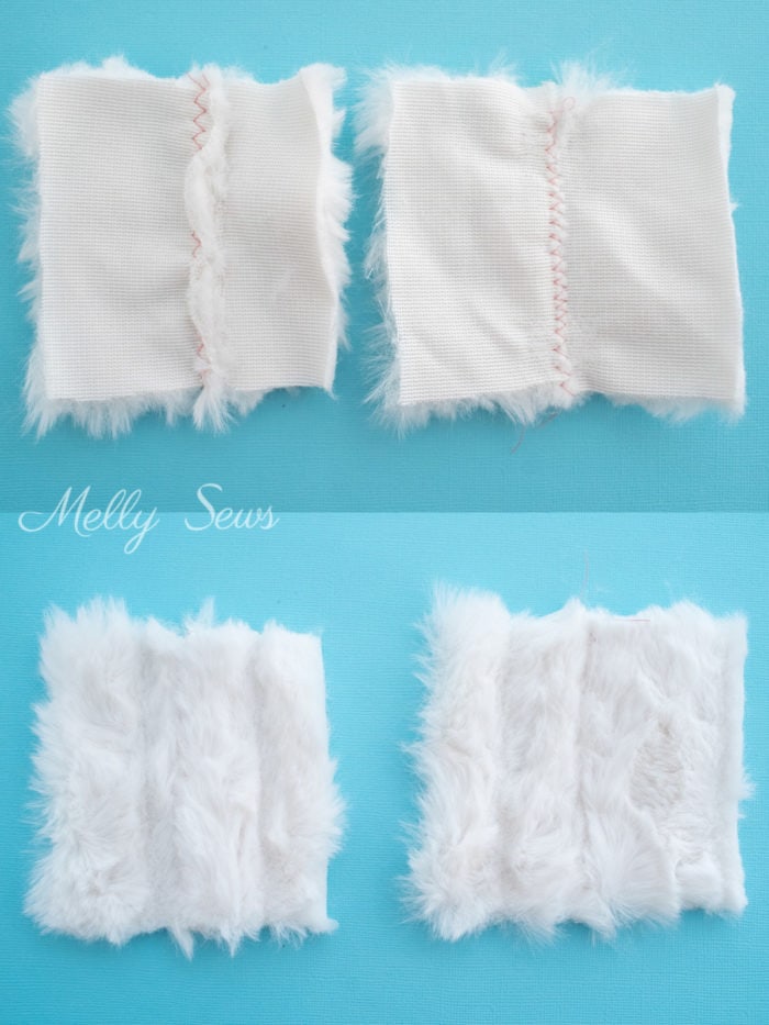 Two different types of seams to use when sewing faux fur fabric, wrong and right sides shown