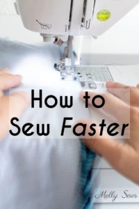 How to Sew Faster title on image of hands holding fabric speeding through a sewing machine