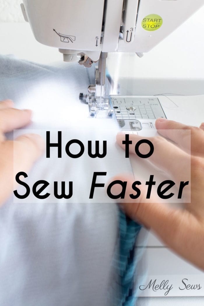 How to  sew faster - hands hold fabric speeding through a sewing machine 
