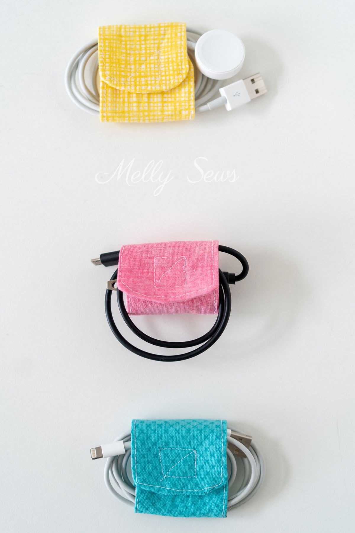 Yellow, pink and blue fabric cord keepers