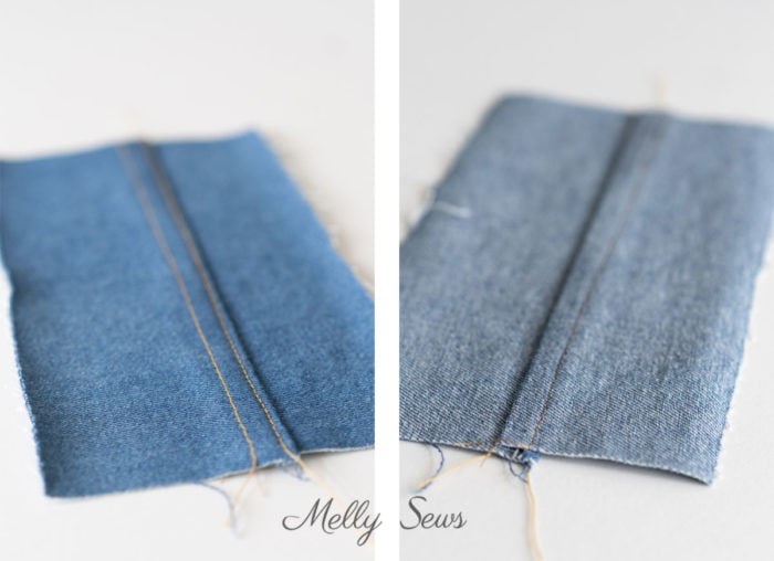 Right side and wrong side of a flat felled seam on denim