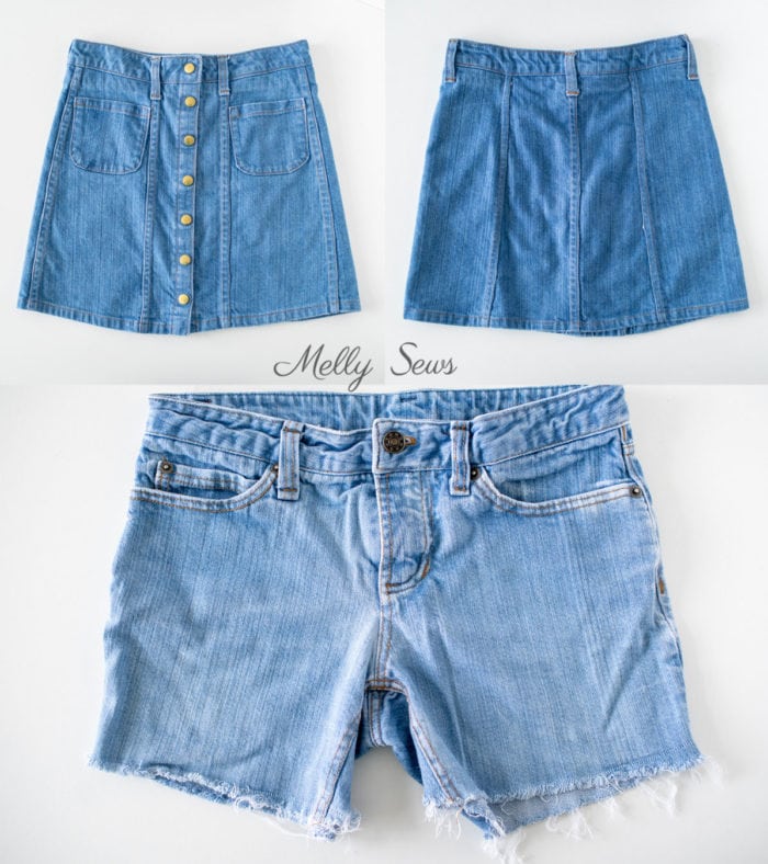 Denim skirt front and back with flat felled seams and jean cut off shorts with flat felled seams