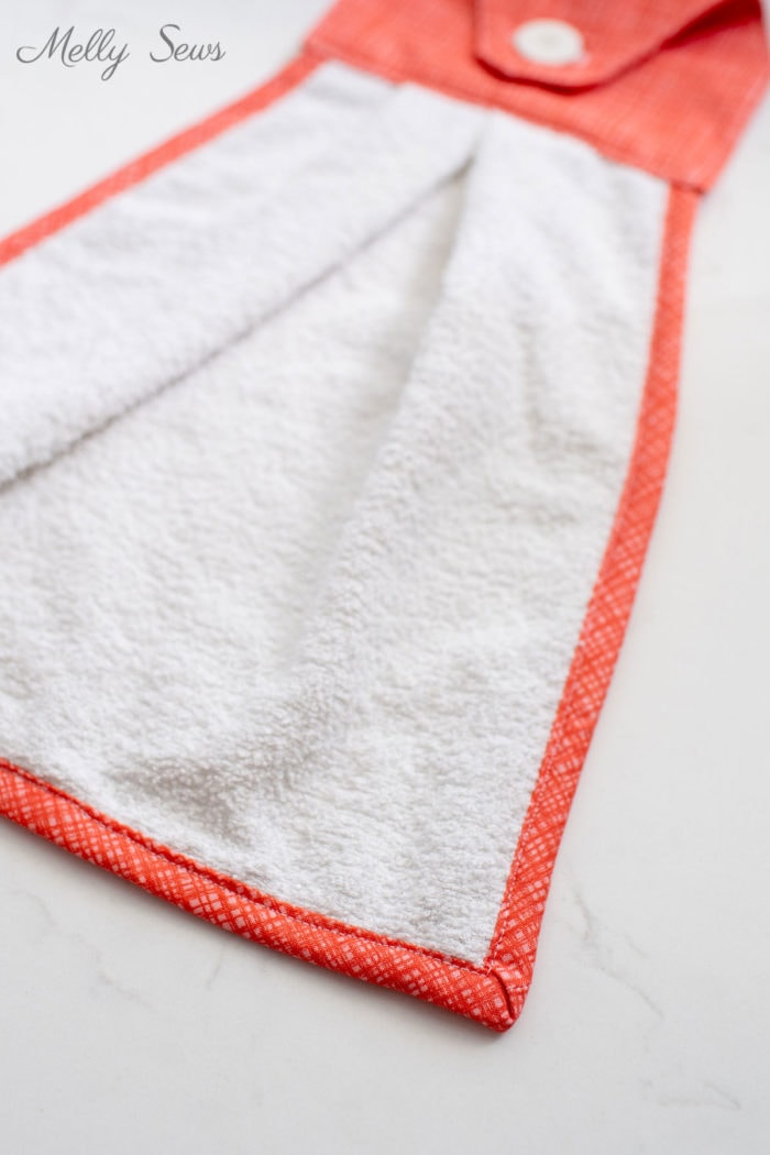 Close up of bias tape finish on a kitchen towel