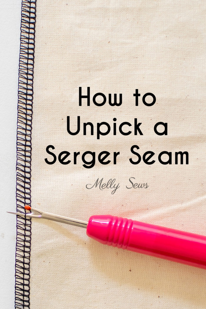 Overlocked fabric edge with a seam ripper showing how to undo serger stitches