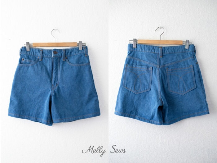 Front and back view of jean shorts sewn at home