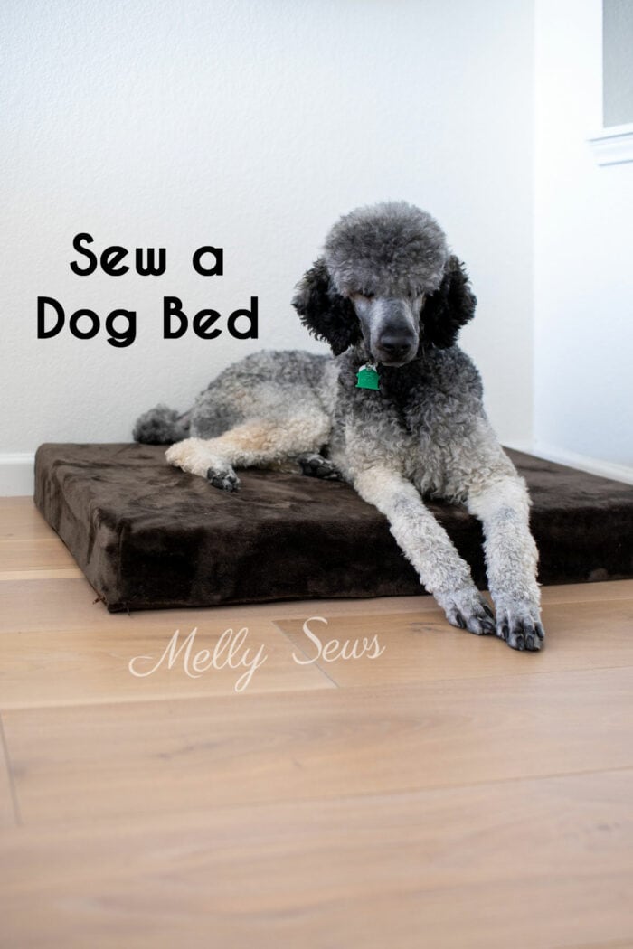 Sew a dog bed text on image of a poodle on a brown dog bed