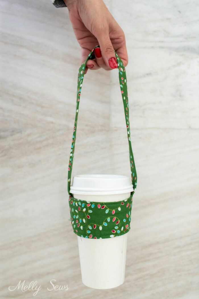 Coffee carrier pattern sewn in green holiday fabric