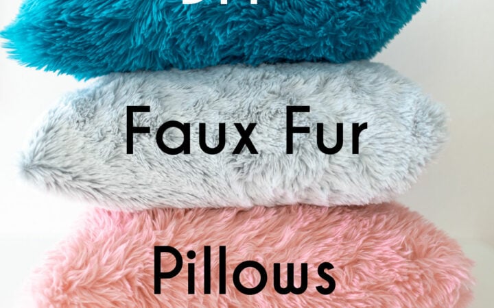Stack of teal, gray, and pink DIY faux fur pillows
