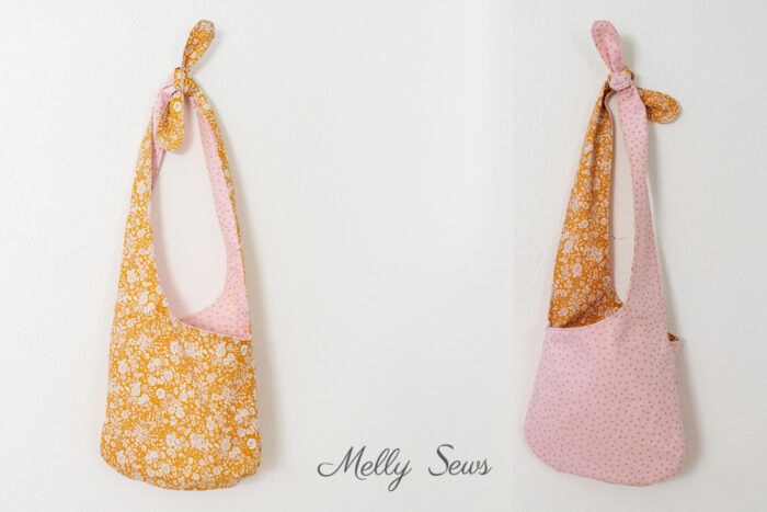 Reversible purse pattern side by side images showing gold side out then pink side out