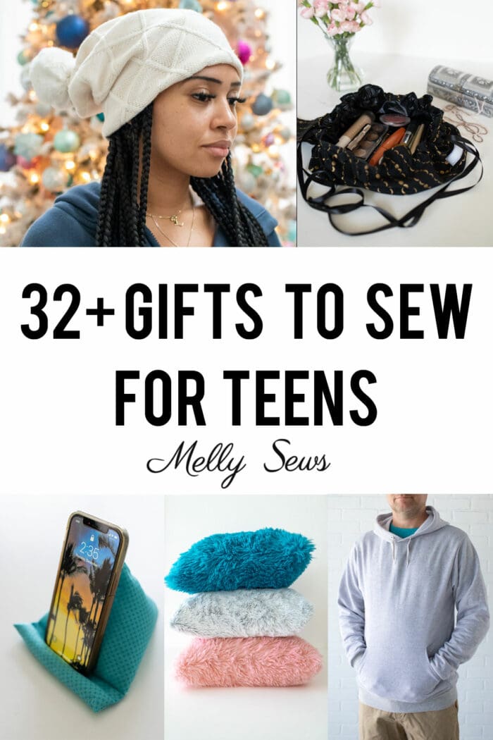 Gifts to sew for teens - sewing project ideas for teens, including beanie hats, makeup bags, phone stand, fur pillows and hoodies.