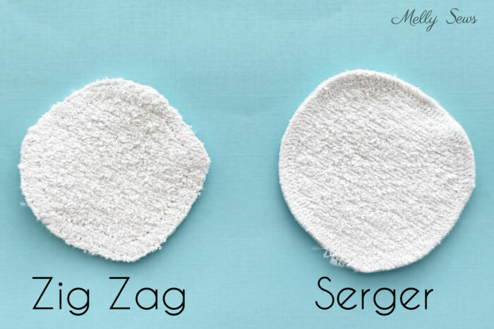 Comparison of makeup remover pads sewn with a zig zag stitch or a serger