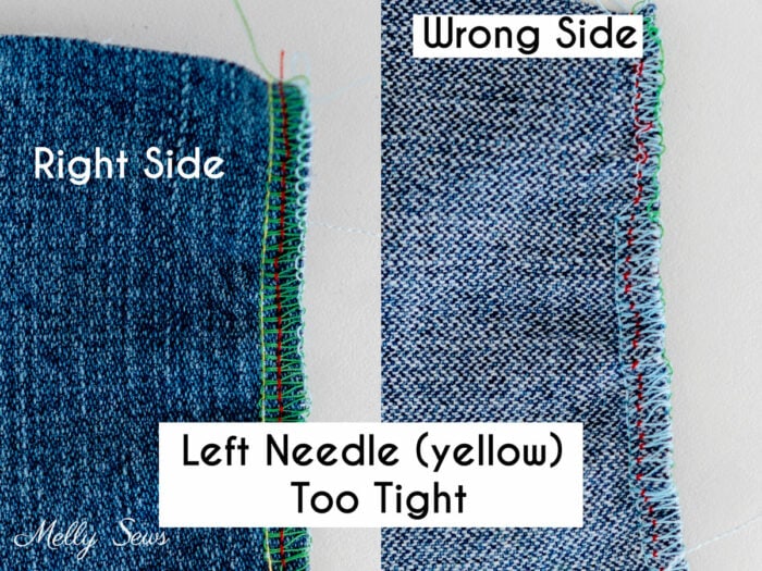 Right and wrong side of fabric with left needle serger tension too tight