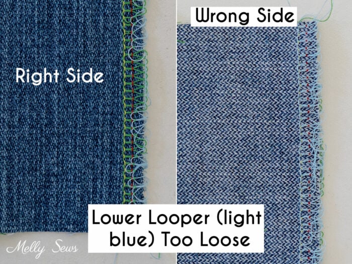 Right and wrong side of fabric with overlocker lower looper tension too loose
