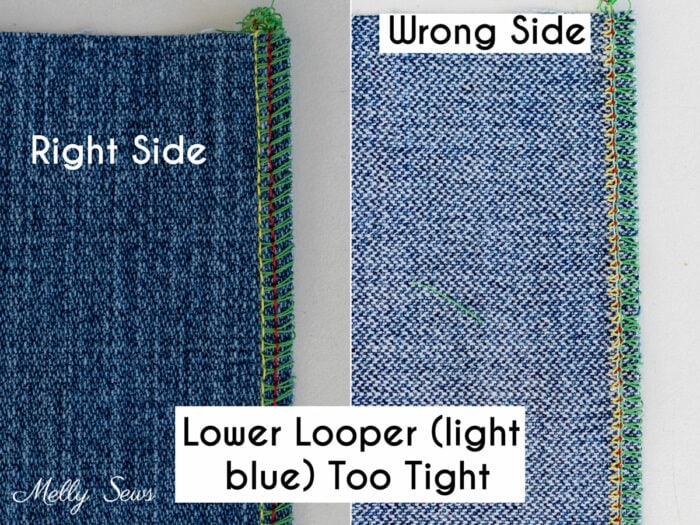 Right and wrong side of fabric with overlocker lower looper tension too tight