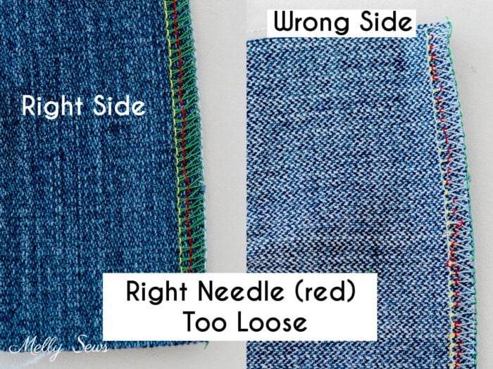 Right and wrong side of fabric with right needle serger tension too loose