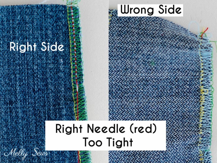 Right and wrong side of fabric with right needle serger tension too tight