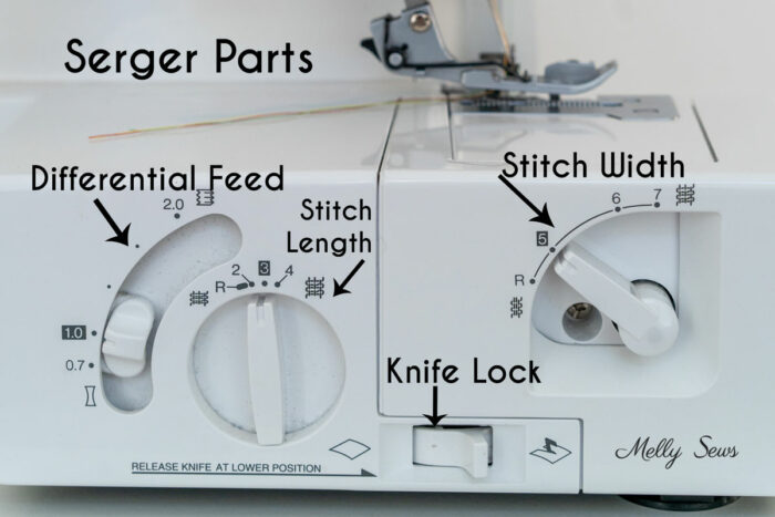 Serger dials labeled - differential feed, stitch length, knife lock, stitch width
