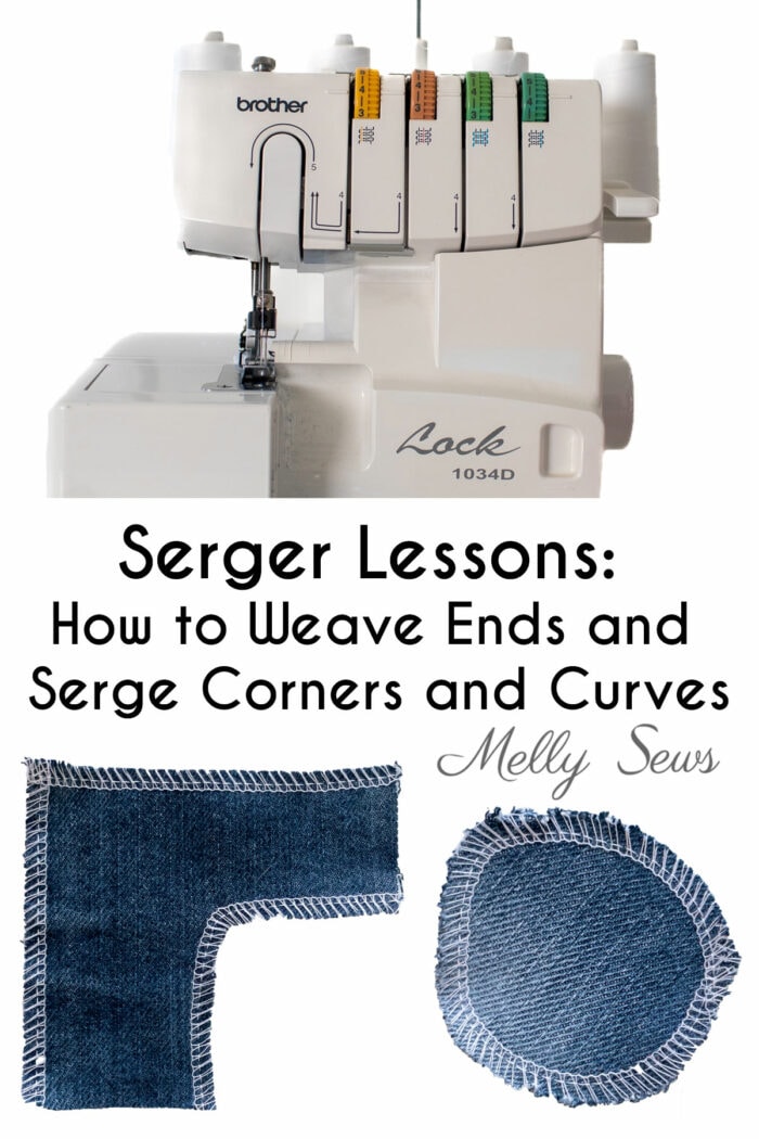 Image of an overlocker machine and round and L shaped pieces of fabric with text Serger Lessons: How to Weave Ends and Serge Corners and Curves