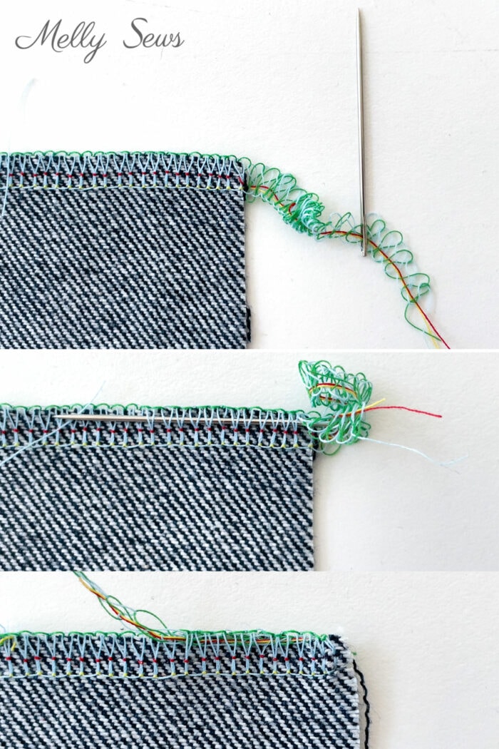 How to weave in serger tails - 3 images using a large eyed needle to pull serger chain under looper stitching