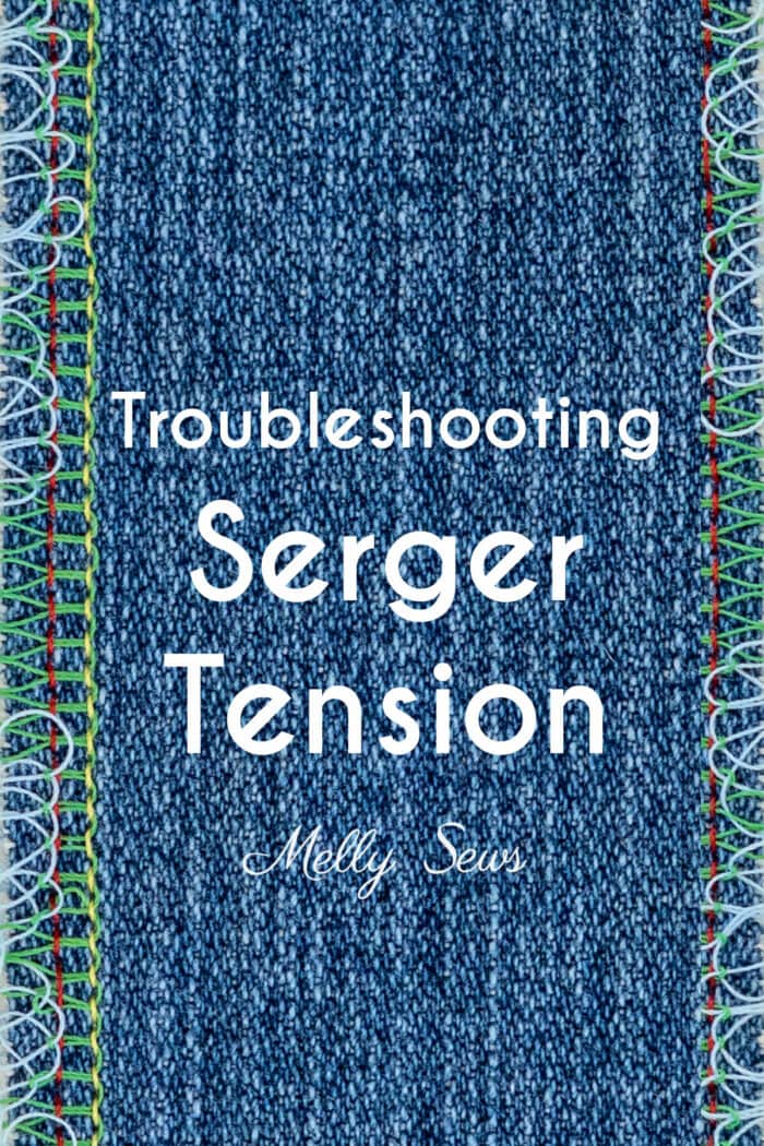 Troubleshooting serger tension, text on background of denim fabric with serged edges