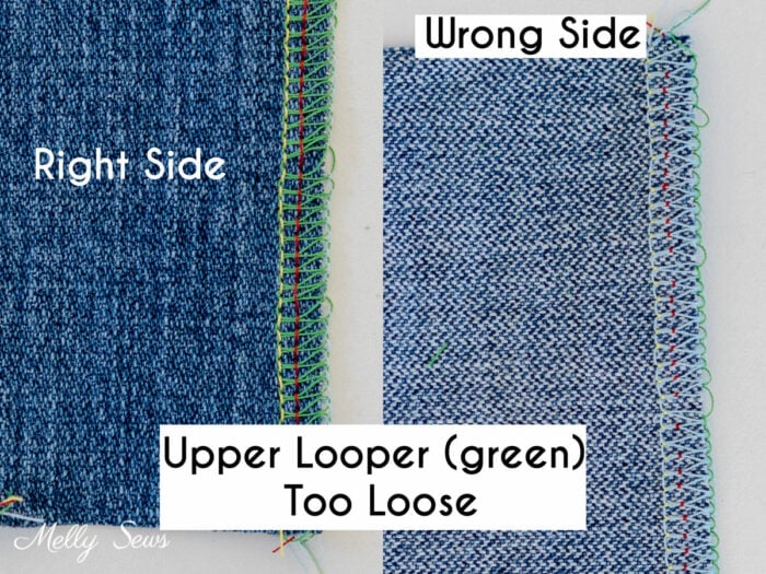 Right and wrong side of fabric with upper looper tension too tight