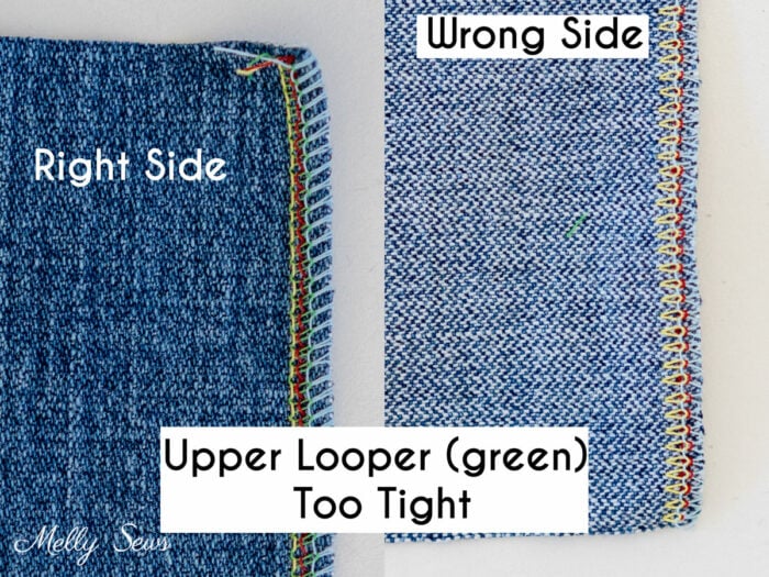 Right and wrong side of fabric with upper looper tension too loose