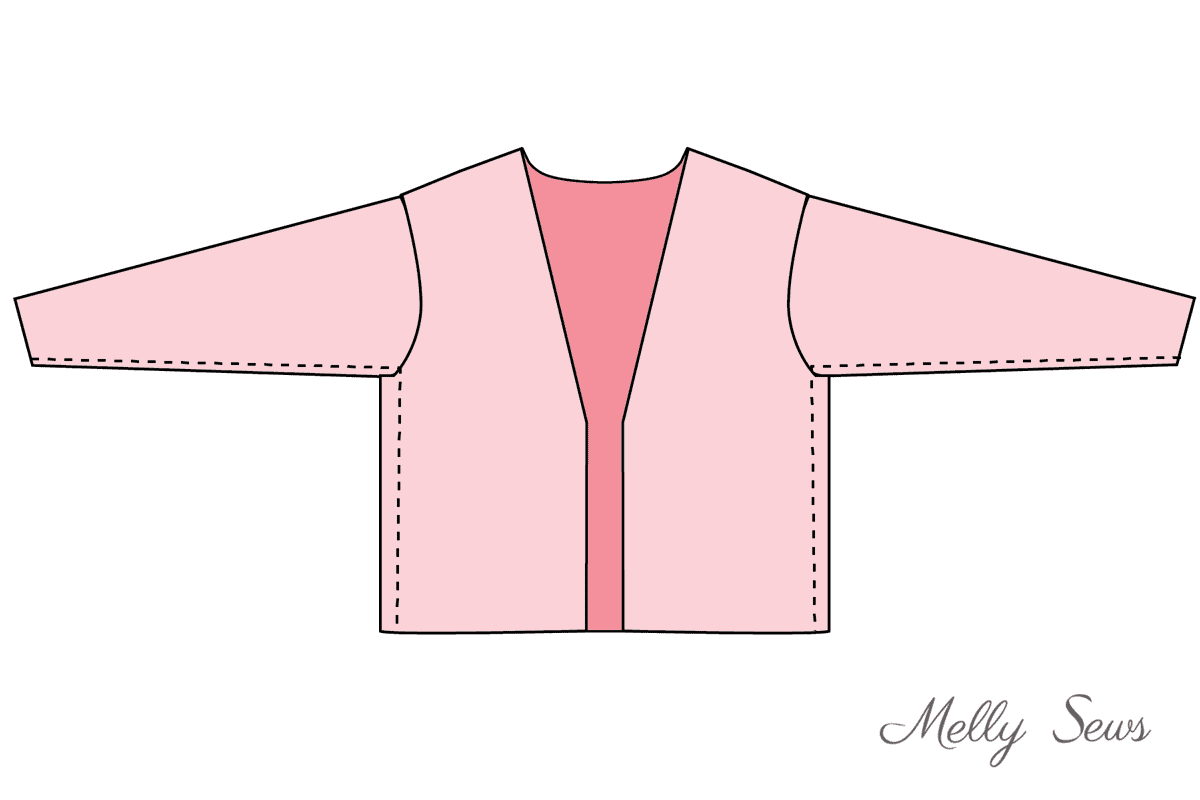 Diagram showing how to sew side and underarm seams on a cardigan