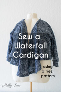 Waterfall cardigan on dress form with text Sew a Waterfall Cardigan Using a Free Pattern