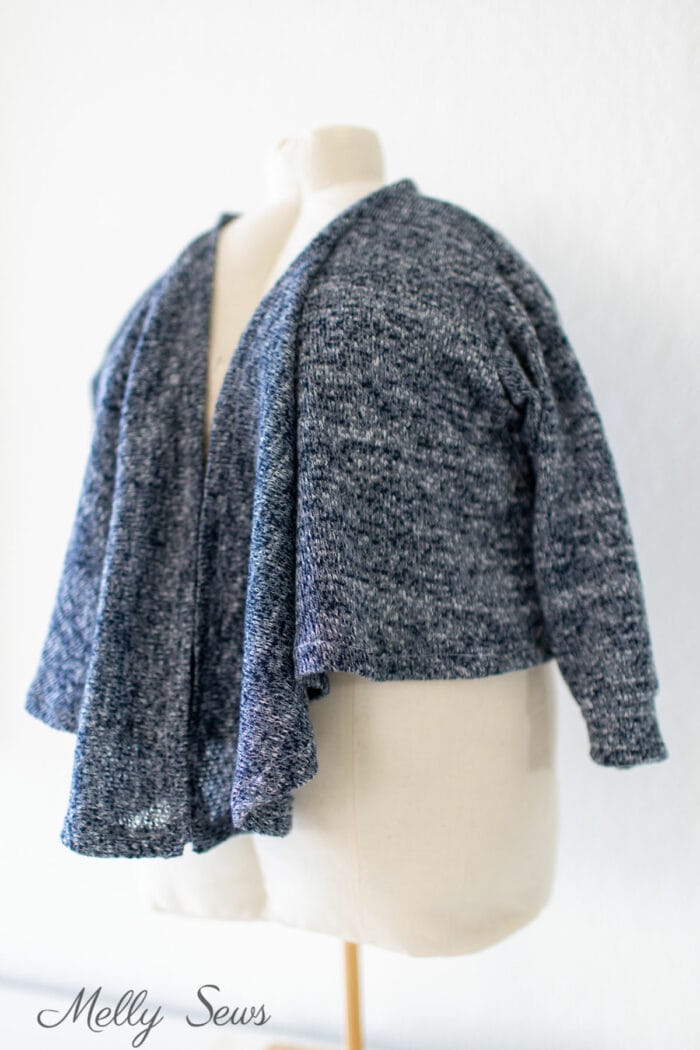 Home sewn waterfall cardigan made from heathered blue sweater knit fabric