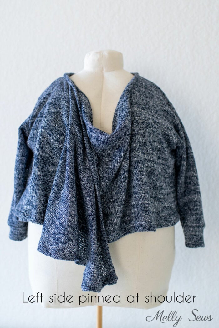 Alternate way to wear a waterfall cardigan with one side pinned