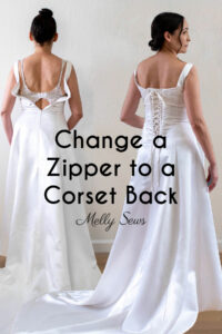 Before and after back views of a wedding dress showing how to change a zipper to a lace up back