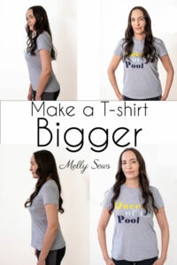 How to make a T-shirt bigger text on front and side view images of a woman wearing the same t-shirt with a tighter then looser fit
