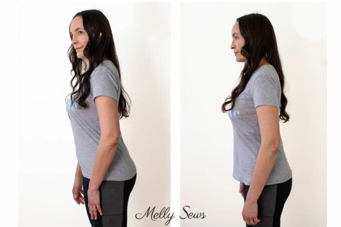 Before and After side views of a woman wearing a fitted then looser gray t-shirt