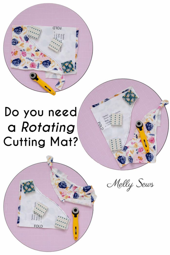 3 images of a round cutting mat with a pattern in various stages of being cut and text Do you need a Rotating Cutting Mat?