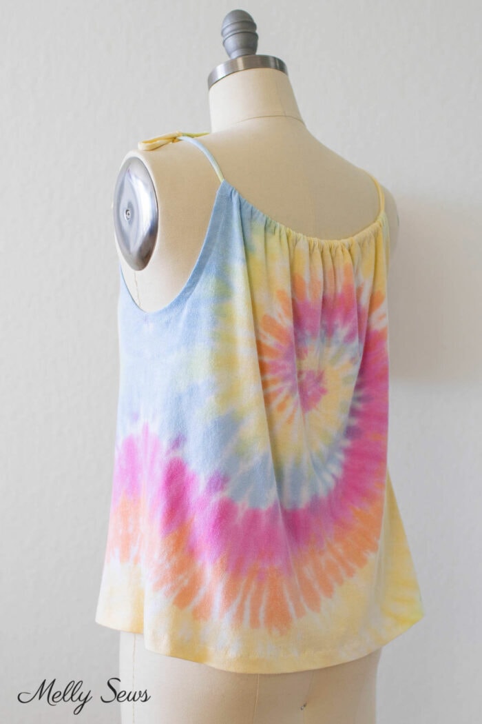 Back view of a refashioned t-shirt tank top on a dress form