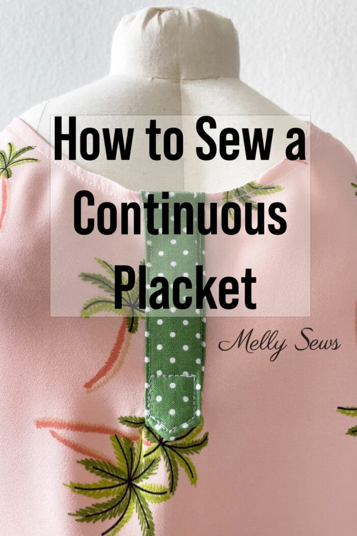 Green placket on pink shirt with palm trees and text How to Sew a Continuous Placket