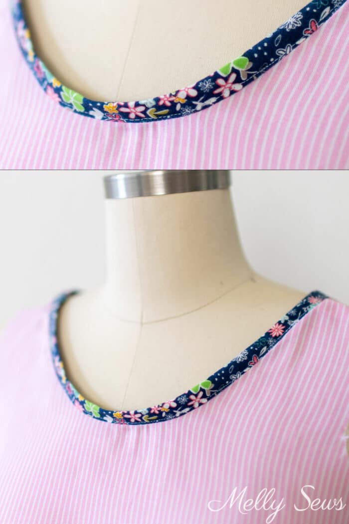 Close up and wider view of bias tape not laying flat on a curved neckline